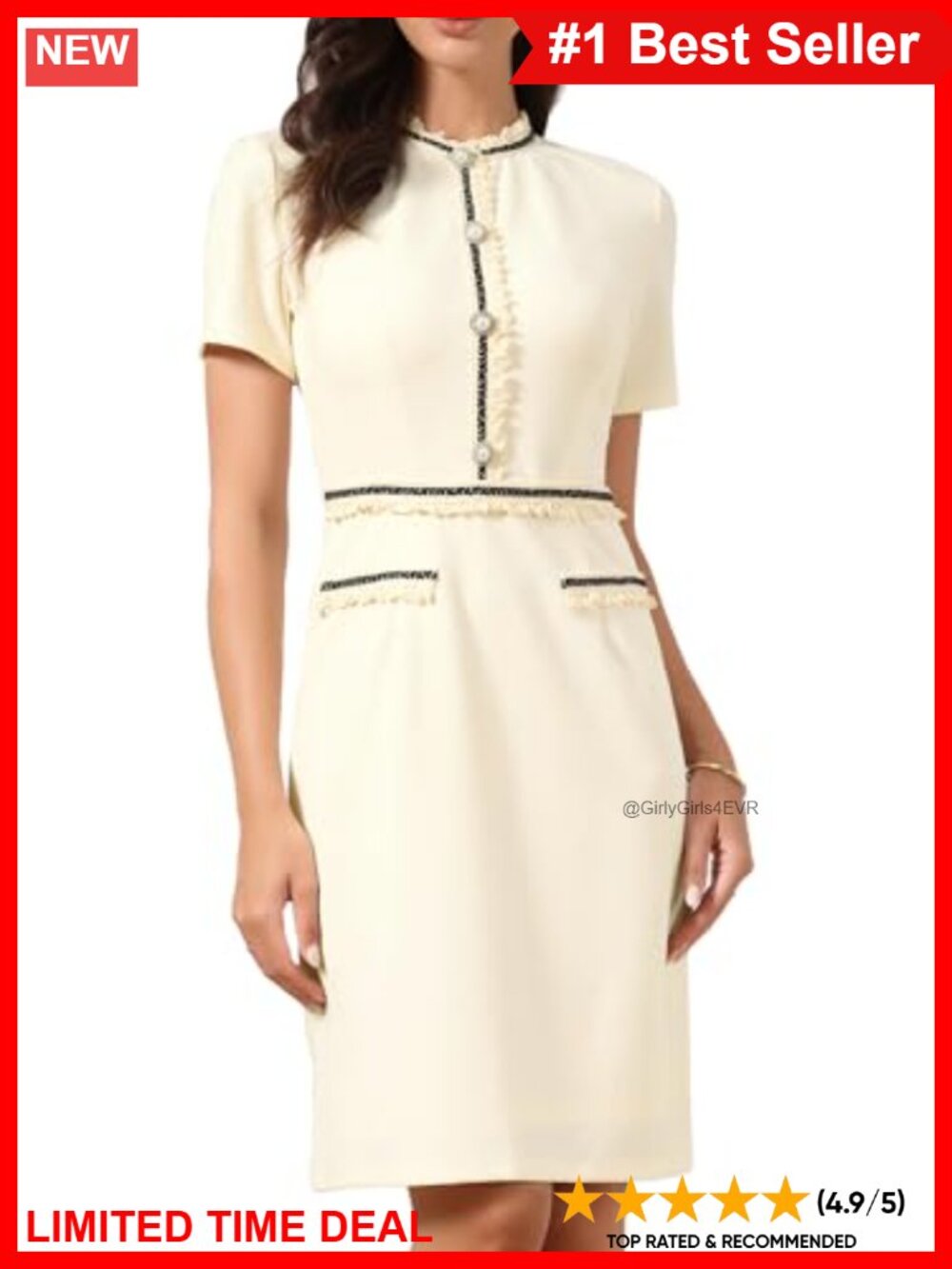 Elegant Short Sleeve Pearl Decor Sheath Work Dress Knee Length